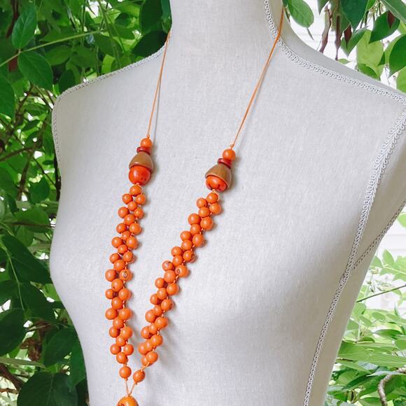 VTG 1970s Tagua Nut Wood Necklace Boho Artisan Long Natural Statement Jewelry - Picture 11 of 13